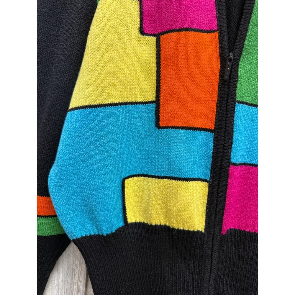 Toula Vintage Colorblock Geometric Zip Up Cardigan Sweater Womens 10 Black Multi - Picture 4 of 13
